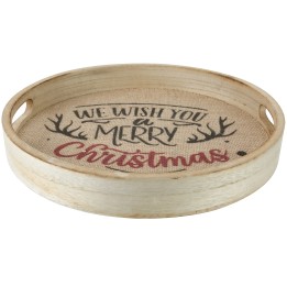 Plateau rond en bois clair avec inscription festive sur fond en jute.