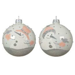 Boules de Noël blanches ornées de bonhommes de neige et de paillettes argentées.