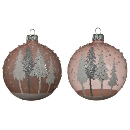 Boules de Noël roses ornées d'arbres argentés et de paillettes scintillantes.