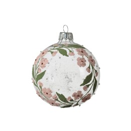 Boule de Noël transparente ornée de fleurs roses et feuillage vert. Éclat délicat.