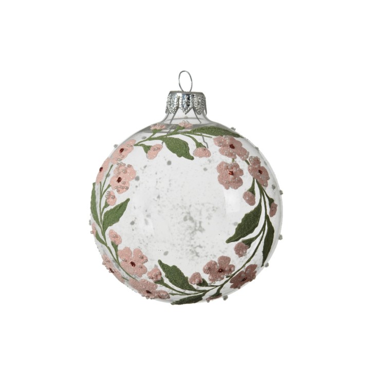 Boule de Noël transparente ornée de fleurs roses et feuillage vert. Éclat délicat.