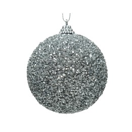 Boule de Noël argentée, recouverte de paillettes scintillantes, brillante et festive.