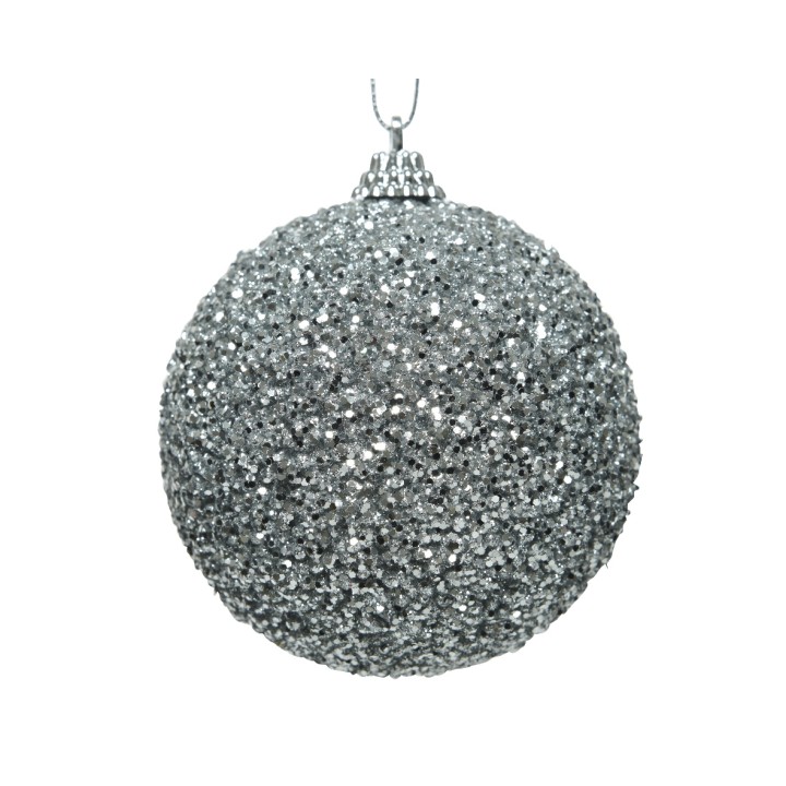 Boule de Noël argentée, recouverte de paillettes scintillantes, brillante et festive.
