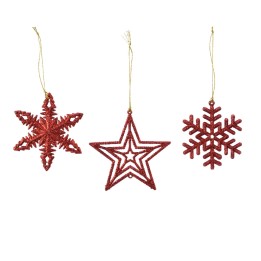 Trois décorations de Noël rouges en forme d'étoiles et de flocon, brillantes et festives.