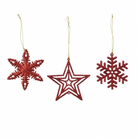 Trois décorations de Noël rouges en forme d'étoiles et de flocon, brillantes et festives. Trois décorations de Noël rouges en forme d'étoiles et de flocon, brillantes et festives.