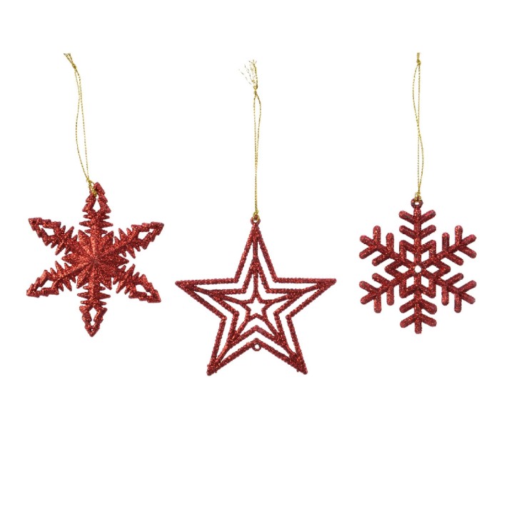Trois décorations de Noël rouges en forme d'étoiles et de flocon, brillantes et festives.