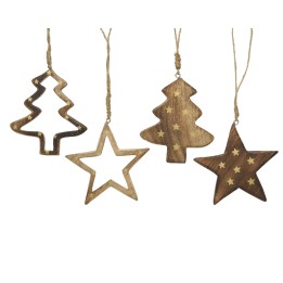 Ornements en bois en forme d'arbre et d'étoile, décorés de motifs dorés sur fond naturel.