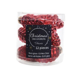 Boules de Noël en verre rouge, en forme de cônes, dans un emballage transparent.