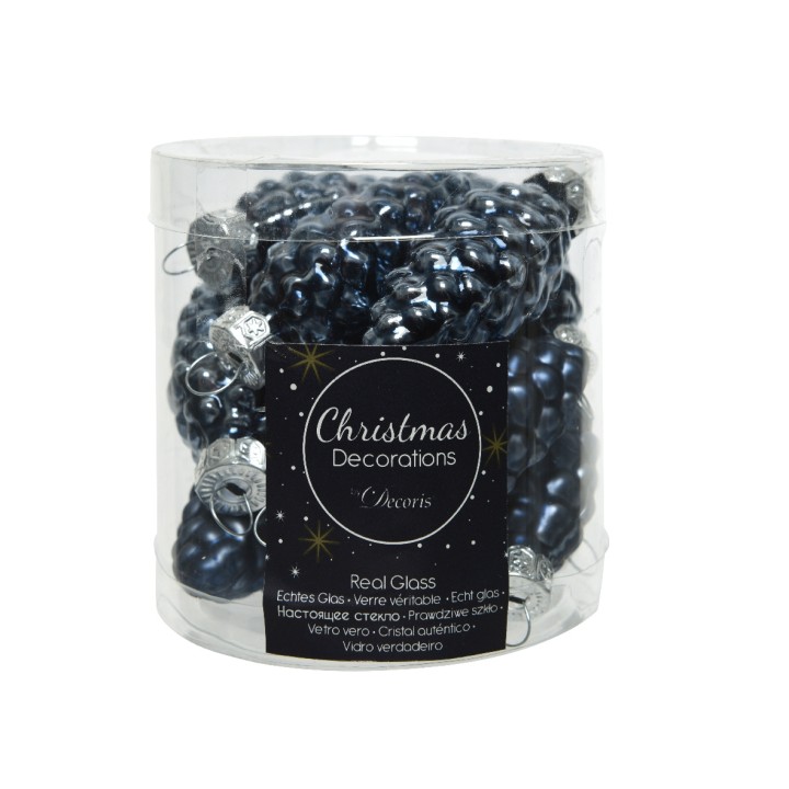 Boules de Noël en verre, teintes bleu nuit, dans un élégant contenant transparent.