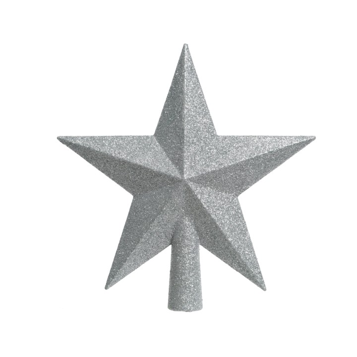 Étoile argentée à cinq branches, brillante et géométrique, idéale pour décorer un sapin.