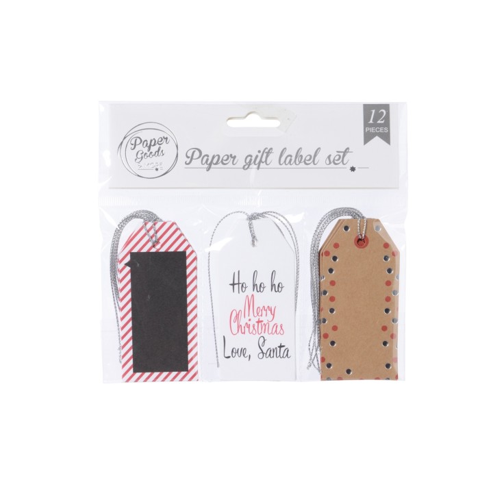 Étiquettes cadeaux colorées avec motifs festifs et textes joyeux pour Noël.