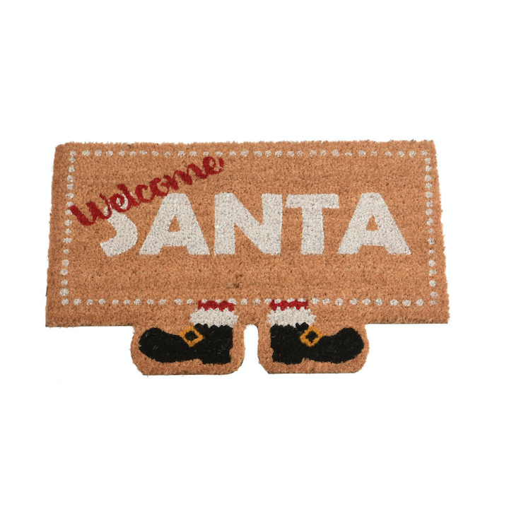 Tapis en jute avec inscription "Welcome Santa" et bottes de Noël en noir et rouge.