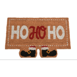 Tapis d'entrée en jute, décoré de "HO HO HO" et de bottes de Noël en noir et rouge.