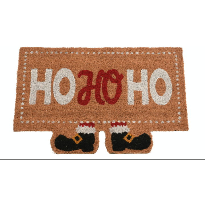 Tapis d'entrée en jute, décoré de "HO HO HO" et de bottes de Noël en noir et rouge.