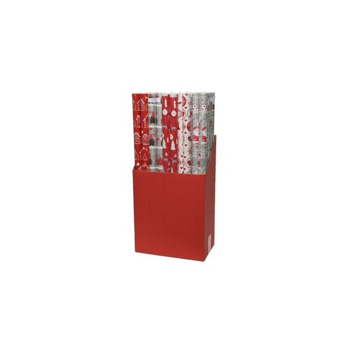Rouleaux de papier cadeau aux motifs festifs, rangés dans une boîte rouge.