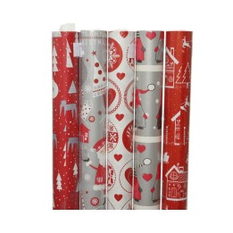 Papier cadeau festif aux motifs rouges, gris et blancs, évoquant Noël et la joie.