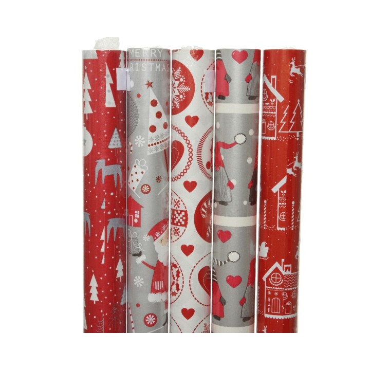 Papier cadeau festif aux motifs rouges, gris et blancs, évoquant Noël et la joie.