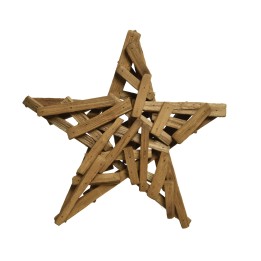 Étoile en bois naturel, assemblage de branches, style rustique et chaleureux.