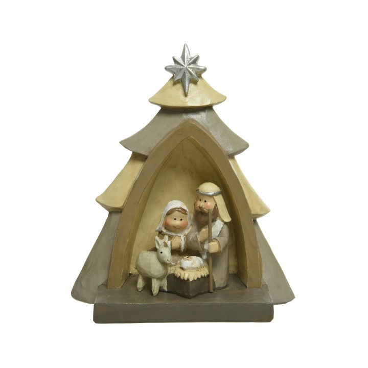 Scène de crèche en bois avec personnages, étoile, et animaux, dans des tons doux et naturels.