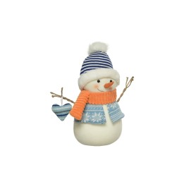 Bonhomme de neige en tissu, bonnet rayé, écharpe orange, bras en branches, cœur décoratif.