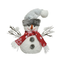 Bonhomme de neige en peluche, chapeau gris, écharpe rouge à motifs blancs, branches en guise de...