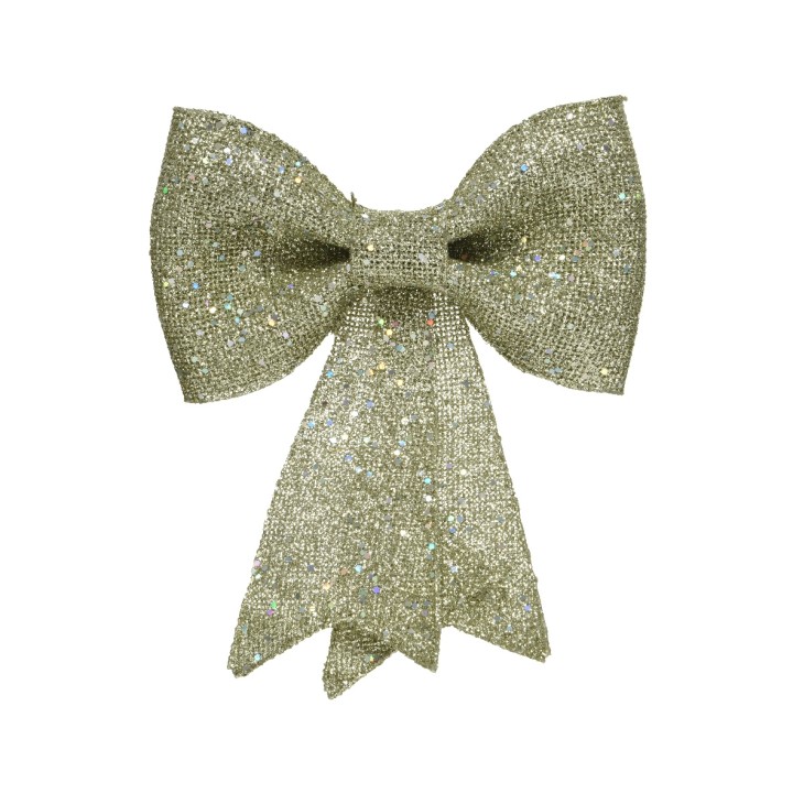 Nœud scintillant doré, texture brillante avec des reflets multicolores, élégant et festif.