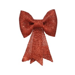 Nœud en satin rouge brillant, avec des pans effilés et une texture scintillante.
