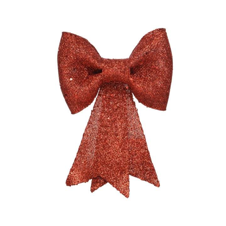 Nœud en satin rouge brillant, avec des pans effilés et une texture scintillante.