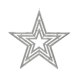 Étoile scintillante en argent, aux contours géométriques et superposés, festive et décorative.