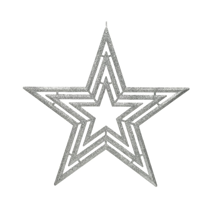 Étoile scintillante en argent, aux contours géométriques et superposés, festive et décorative.
