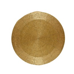 Tapis rond en jute tressé, couleur dorée brillante, texture naturelle et chaleureuse.