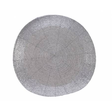 Tapis rond tissé en fil métallique argenté, texturé et élégant.