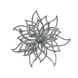 Flocon de neige scintillant en argent, aux formes délicates et entrelacées.