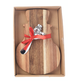 Planche en bois en forme de guitare avec un couteau, décorée d'un ruban rouge.