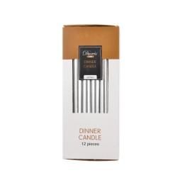 Douze bougies fines et élégantes dans un emballage sobre, couleur blanche et or.