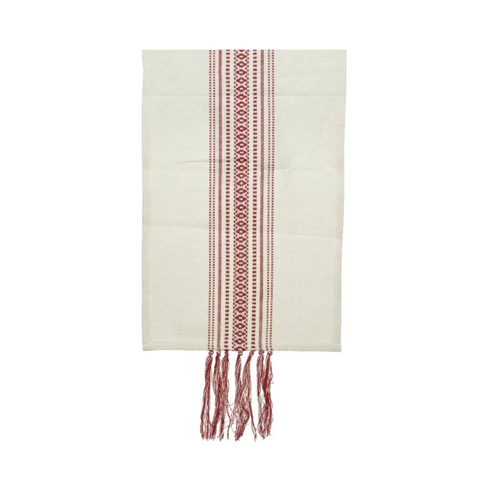 Tissu beige orné de motifs rouges avec des franges délicates aux extrémités.