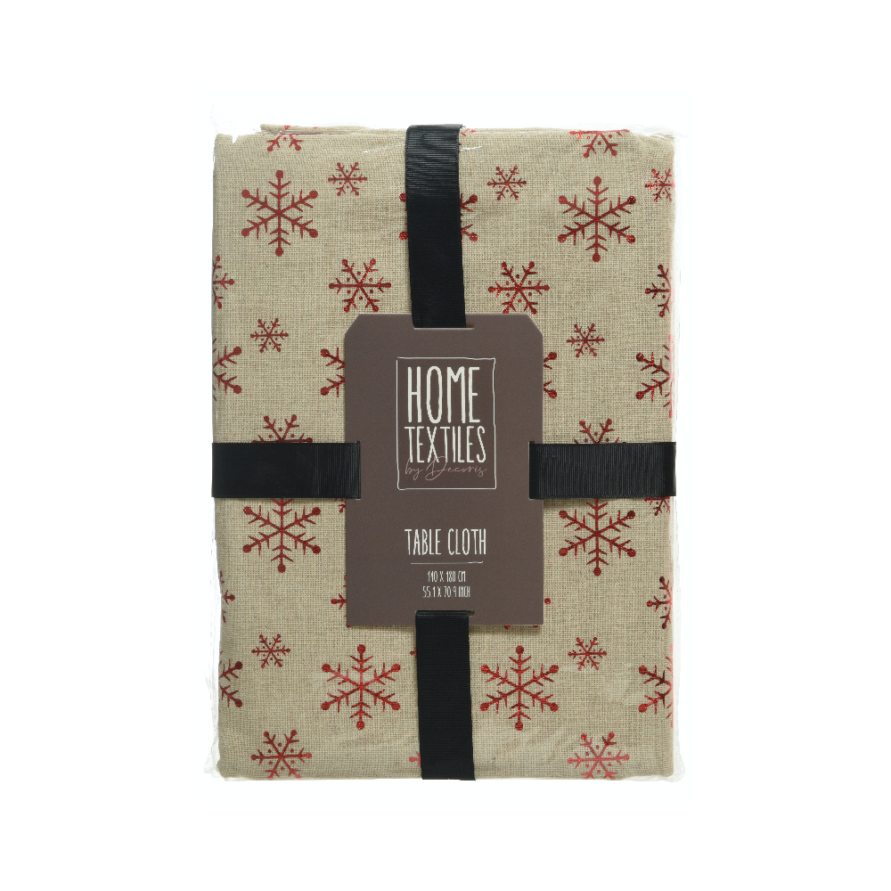 Nappe beige ornée de flocons rouges, élégante et festive, parfaite pour les repas d'hiver.