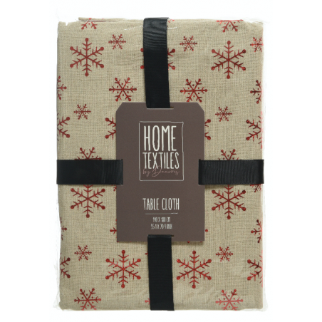 Nappe beige ornée de flocons rouges, élégante et festive, parfaite pour les repas d'hiver.