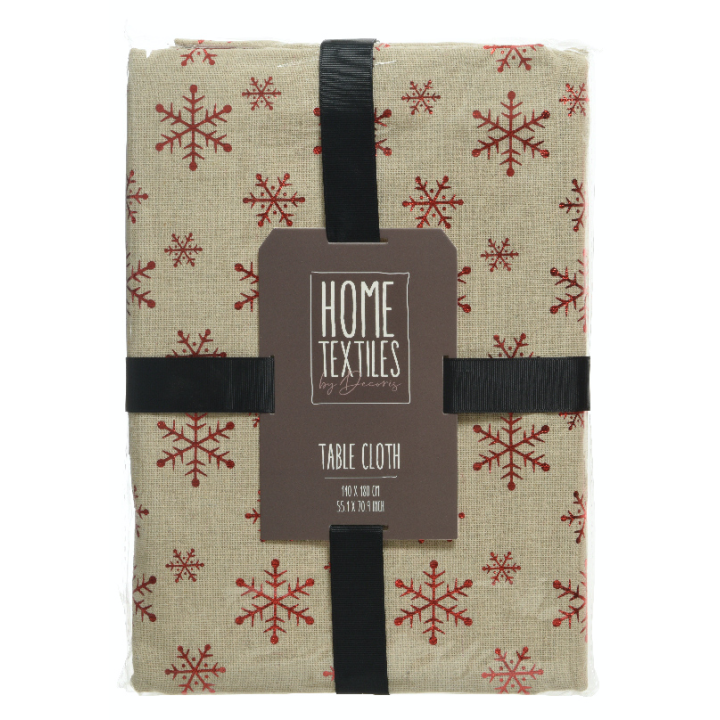 Nappe beige ornée de flocons rouges, élégante et festive, parfaite pour les repas d'hiver.