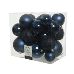 Boules de Noël bleu foncé, brillantes et mates, en assortiment dans une boîte transparente.