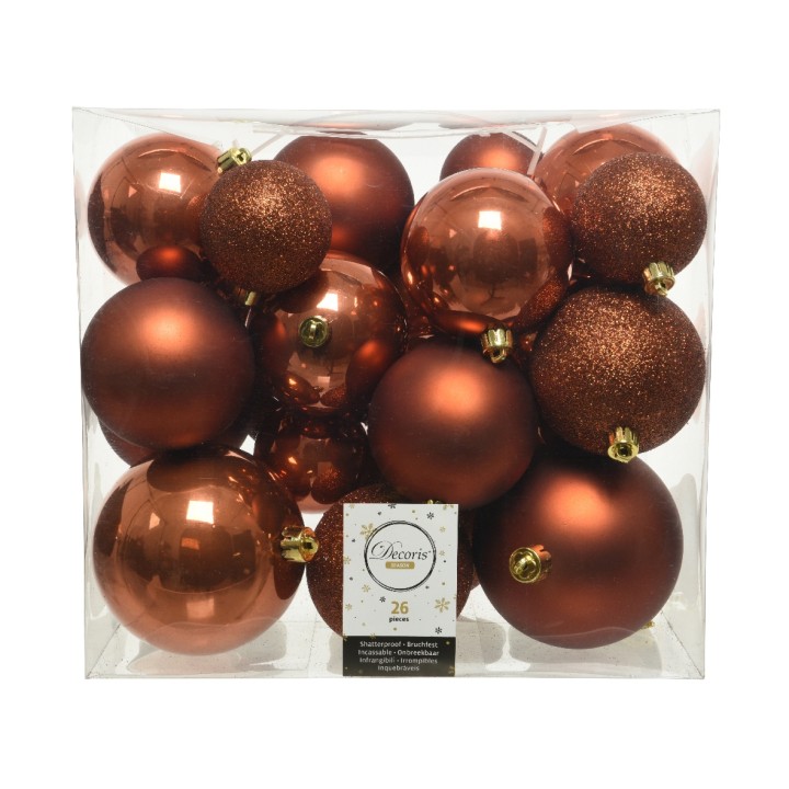Boules de Noël en bronze, brillantes et mates, dans un emballage transparent.