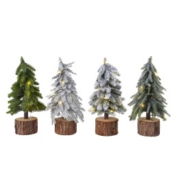Quatre mini sapins décorés, du vert au blanc, sur des bases en bois rustique.