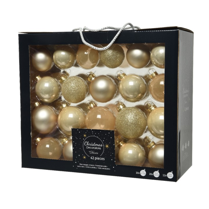 Ornements de Noël dorés et brillants, dans une boîte élégante, 42 pièces variées.