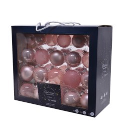 Ensemble de boules de Noël roses, brillantes et mates, dans une boîte élégante.