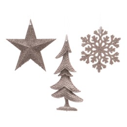 Ornements en feutre beige : étoile, sapin et flocon, style doux et hivernal.
