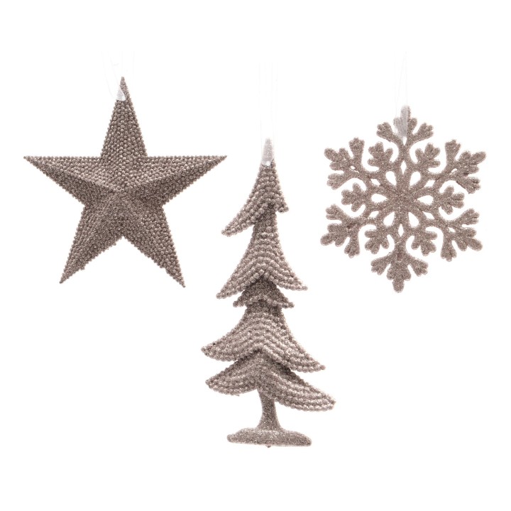 Ornements en feutre beige : étoile, sapin et flocon, style doux et hivernal.