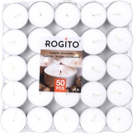 Un lot de 50 bougies chauffe-plat blanches dans un emballage en plastique transparent.