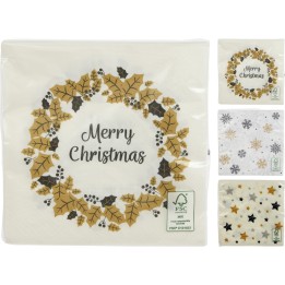 Serviettes de Noël blanches ornées de motifs dorés et festifs.