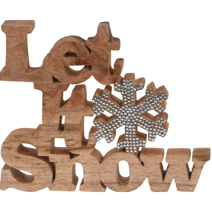 Lettre en bois sculpté, neige décorée de strass, ambiance hivernale chaleureuse.