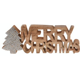 Décor en bois avec inscription "Merry Christmas" et sapin en relief.